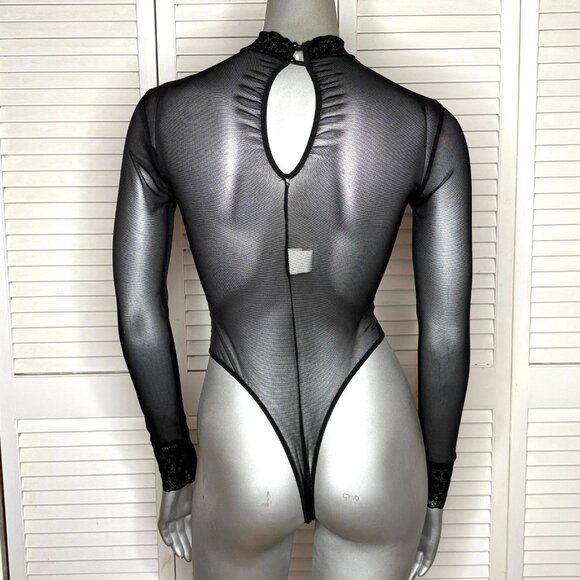Vtg 90s Shirley of Hollywood Black Sheer Mesh Lace Teddy Bodysuit Long Sleeve S - Picture 7 of 8